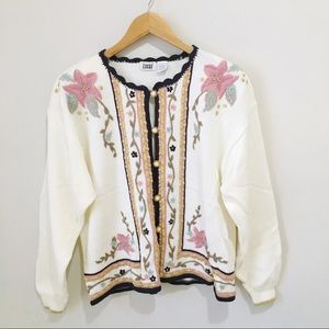 Vtg Lucia floral embroidered chunky knit cardigan